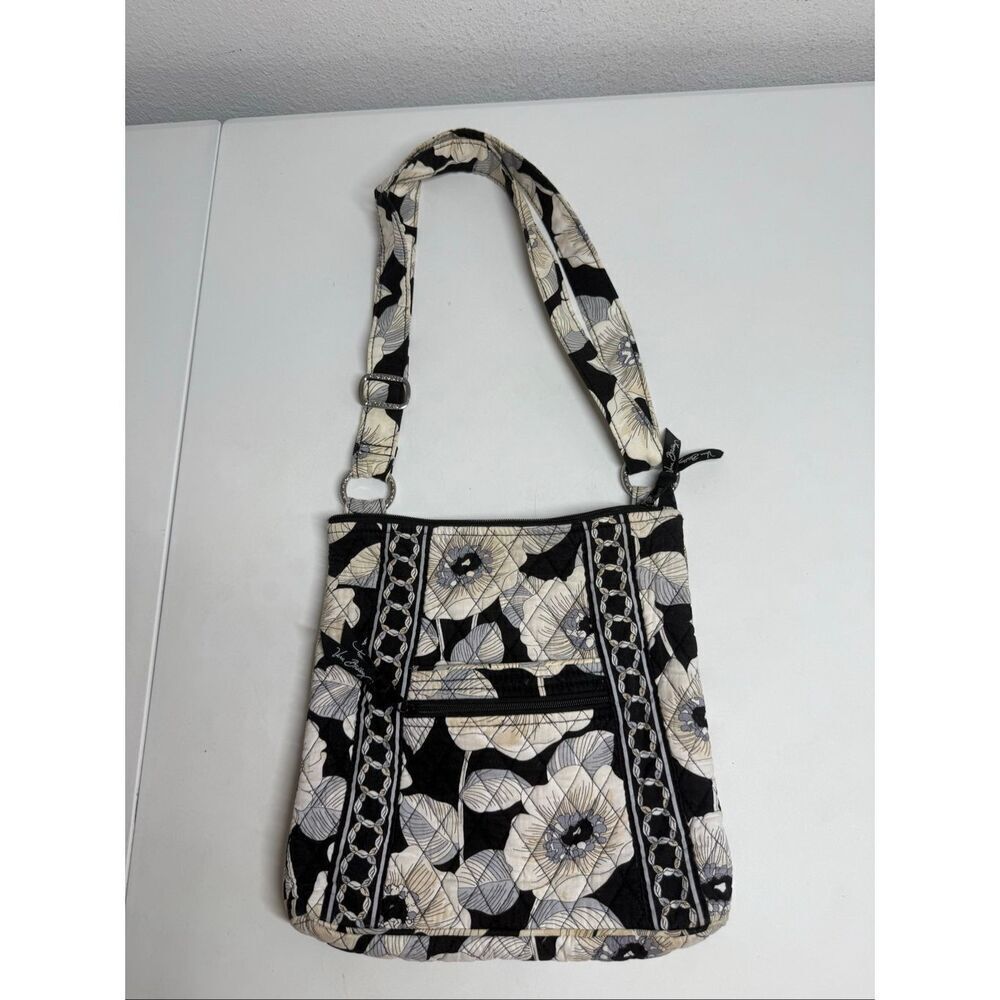 Vera Bradley Camelia Hipster Crossbody Bag Quilted Black Gray Flower Pattern